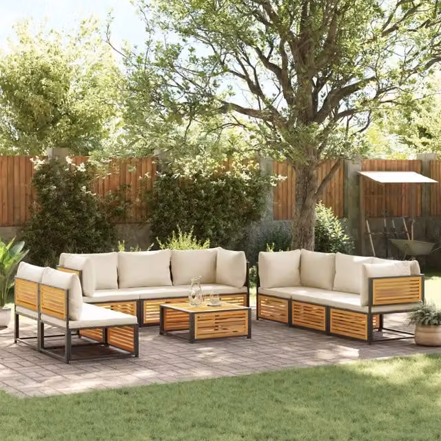 Set Divano da Giardino a L vidaXL in Legno di Acacia e Acciaio con 9 Pezzi e Cuscini Beige e Bianchi