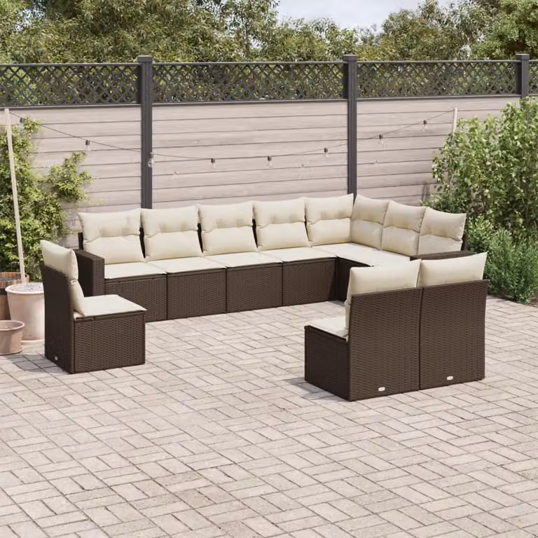 vidaXL Set di Divani da Giardino a Forma di L in Polyrattan Marrone con Cuscini Bianchi