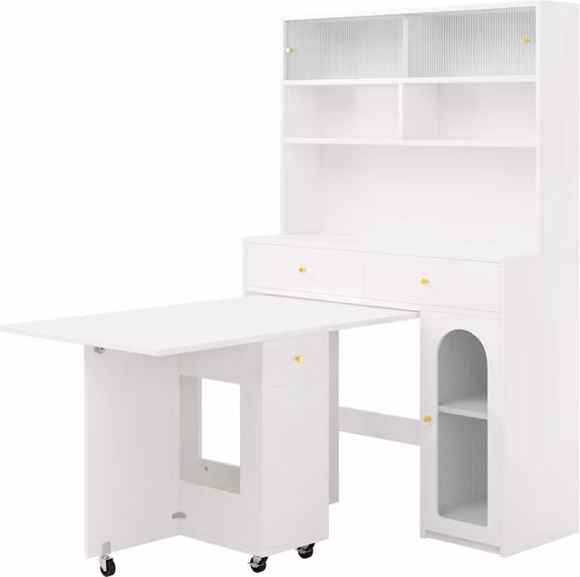 Set Mobile Cucina con Pensile, Tavolo Pieghevole e Tavolo Bar, MDF Bianco con Dettagli Oro, 120x45x180 cm