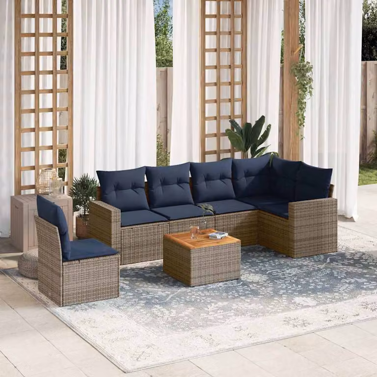 vidaXL Set Divani da Giardino 7 pz a Forma a L in Polyrattan Grigio con Cuscini e Tavolino