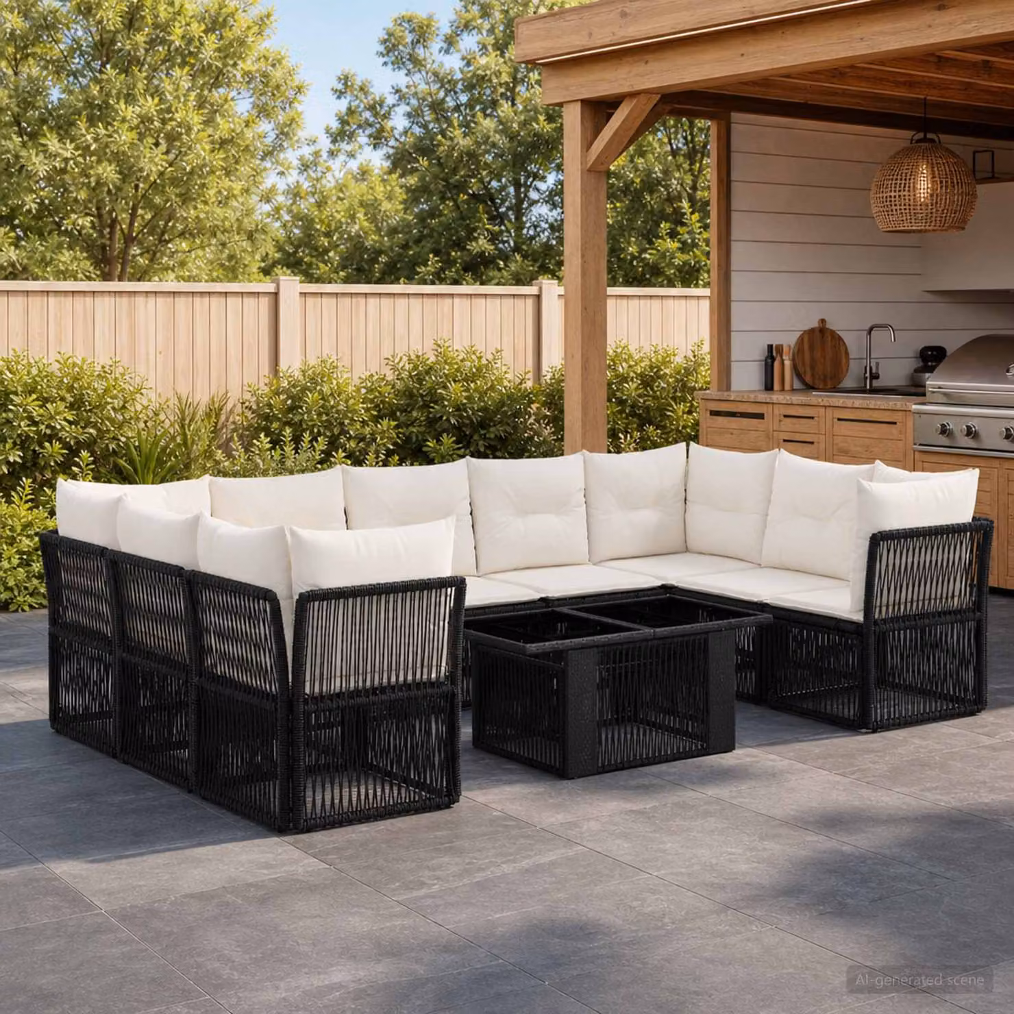 Set Divano da Giardino vidaXL 10 Pezzi in Polyrattan Nero con Tavolino e Cuscini Imbottiti a Forma a U