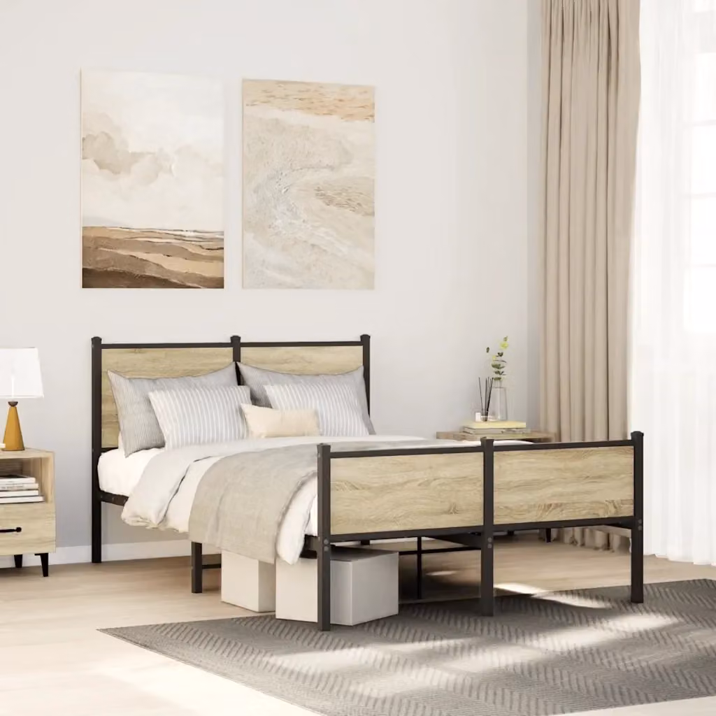Letto matrimoniale in metallo e legno color rovere sonoma con giroletto e doghe fisse L/P/H: 120 x 200 cm – 2