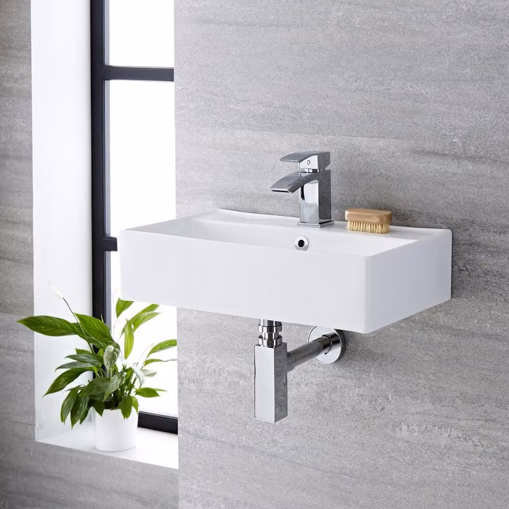 Lavabo Moderno Sospeso Bianco - 550mm x 310mm con Anello di Troppopieno Grafite - Halwell