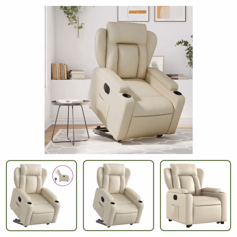 The Living Store Poltrona relax con supporto elettrico in Pelle finta color crema