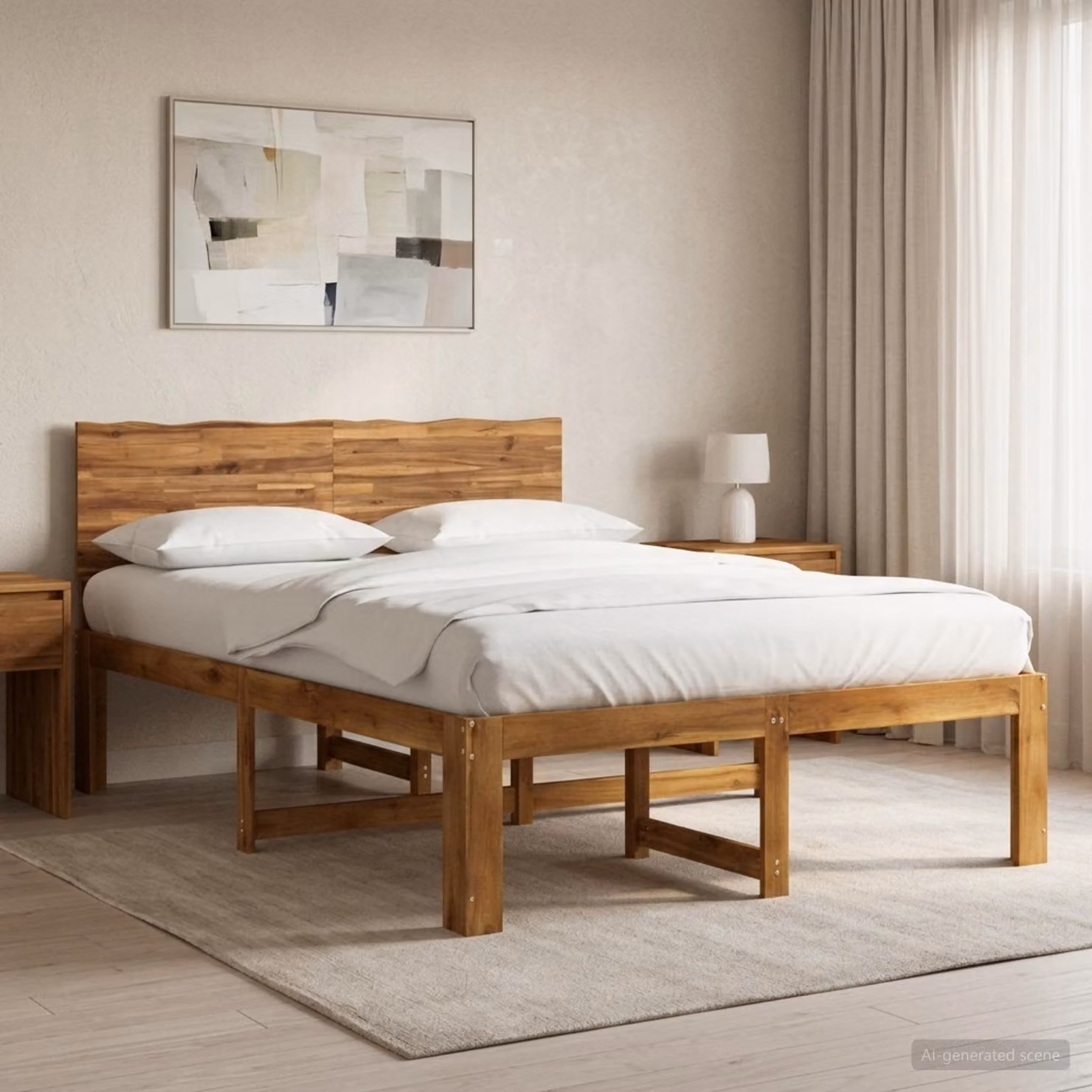 Letto matrimoniale con testiera vidaXL ROSTOCK in legno di acacia naturale, colore marrone, L: 156 cm, P: 208,5 cm, H: 140 cm
