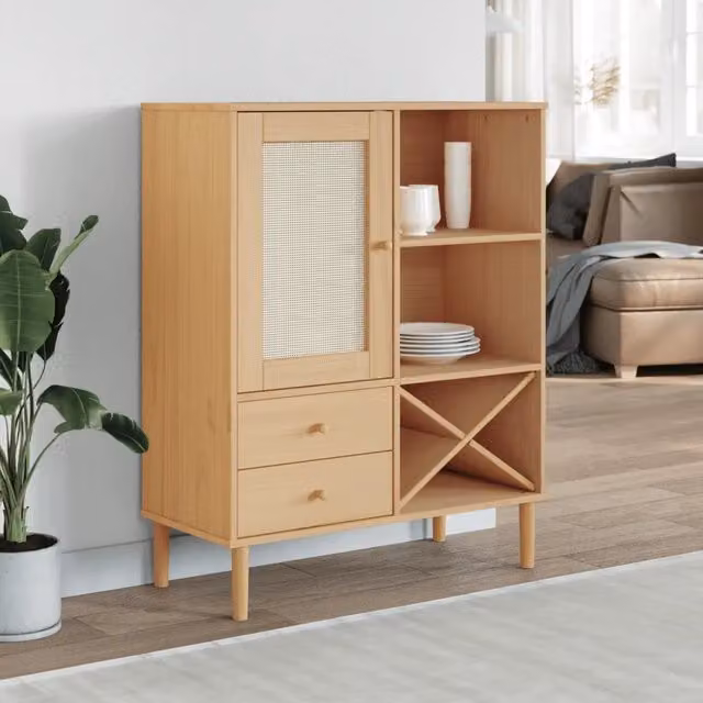 Credenza SENJA vidaXL in legno di pino massello e rattan, colore marrone, L 90 cm, P 40 cm, H 112 cm