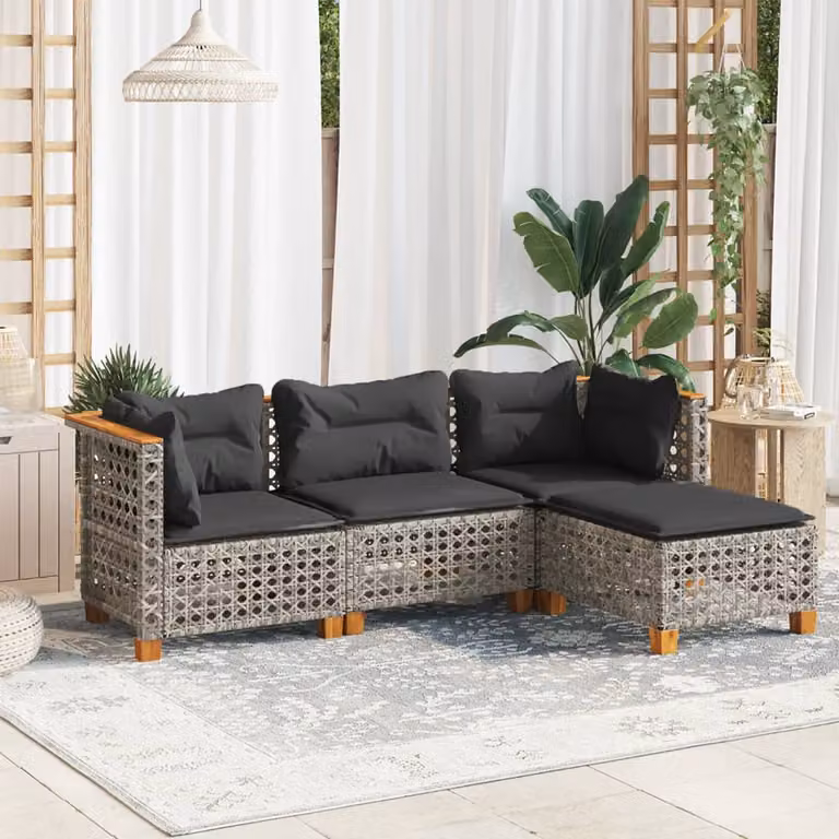vidaXL Set Divani da Giardino 4 pz in Polyrattan Grigio con Cuscini e Struttura in Legno di Acacia