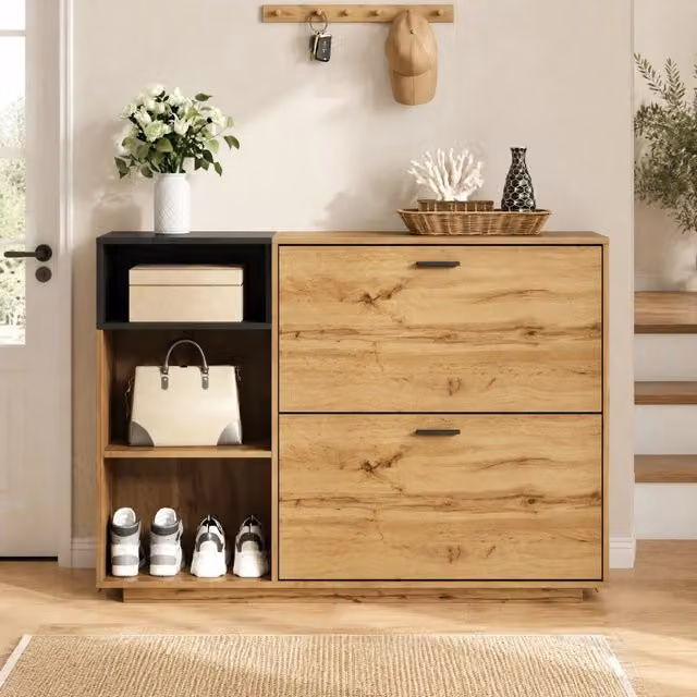 Scarpiera moderna in MDF con ante a ribalta e ripiani aperti, disponibile in marrone o nero, L: 120 cm, H: 84,5 cm, P: 32 cm