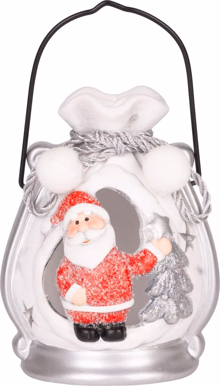 Decorazione MagicHome Natale, Babbo Natale in pacchetto, LED, terracotta, 9,8x8,8x12,8 cm