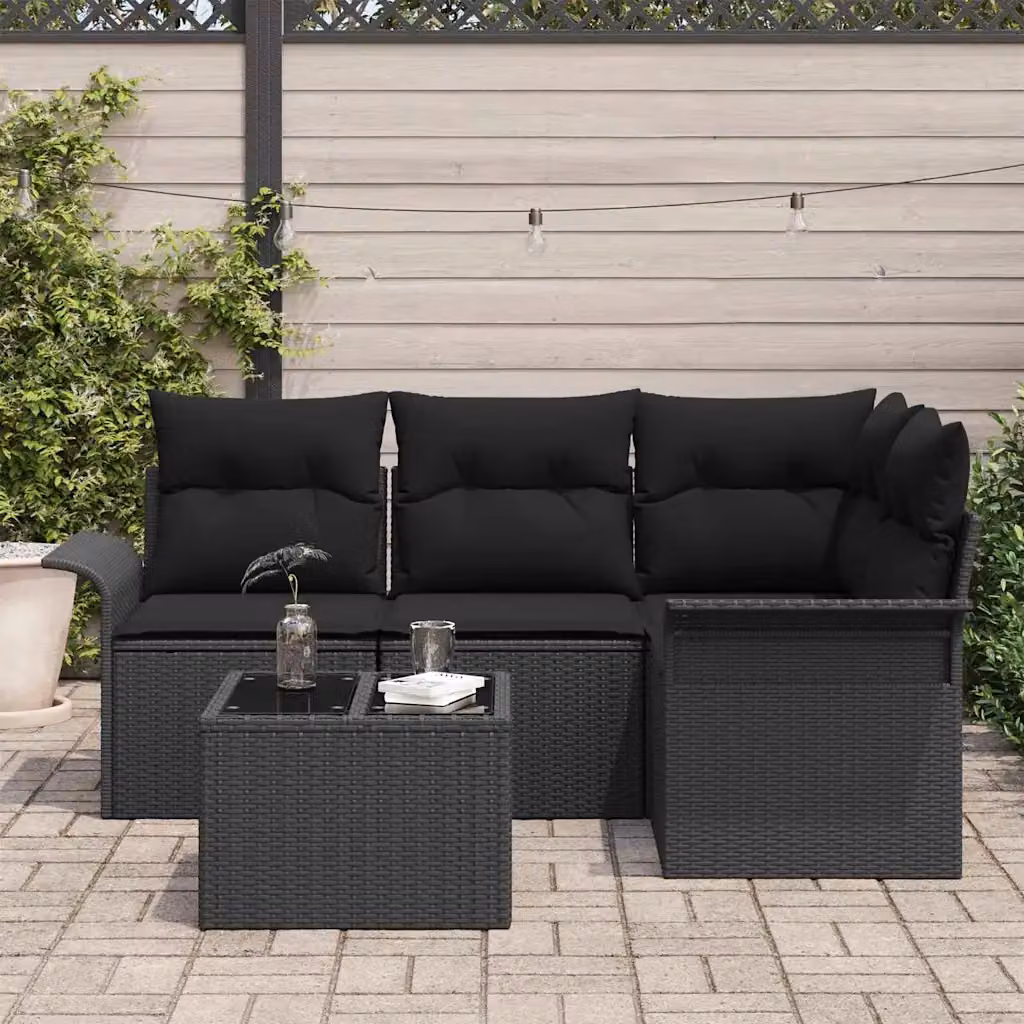 Set Divano da Giardino vidaXL 5 Pezzi a Forma di L con Tavolino e Contenitore Nero in Polyrattan e Acciaio – 1