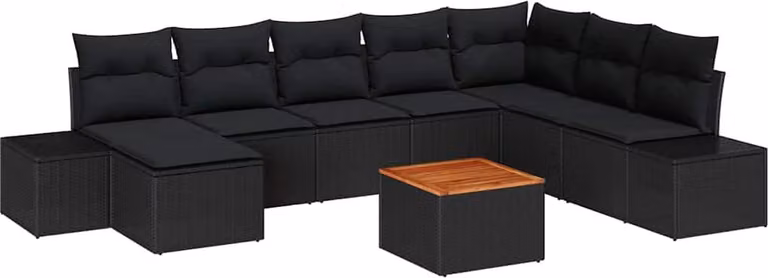 Set Divano da Giardino con cuscino 9 pcs Nero polyrattan