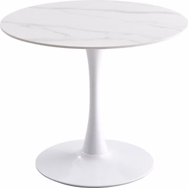 CasaDolce INTERLA 1 tavolo da pranzo, bianco, 90x75 cm, motivo marmo, pietra sinterizzata, base a colonna in metallo