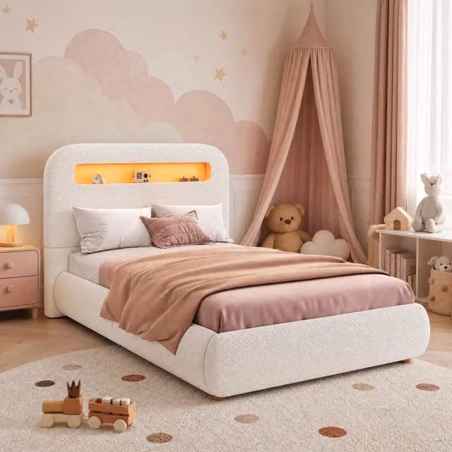 Letto singolo imbottito con contenitore idraulico LED controllata da app bouclé bianco rete a doghe