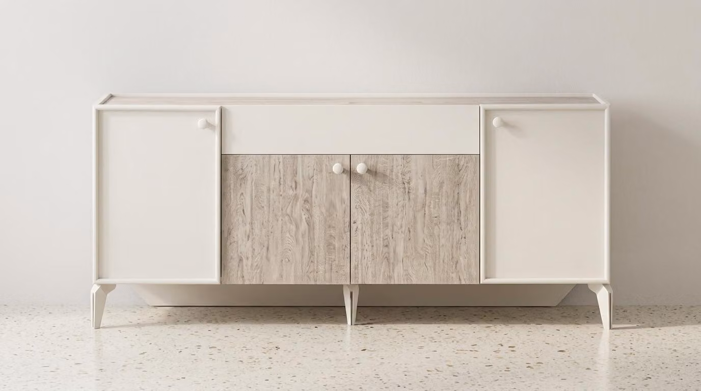 Mobile contenitore beige di design, lussuoso, ideale come credenza