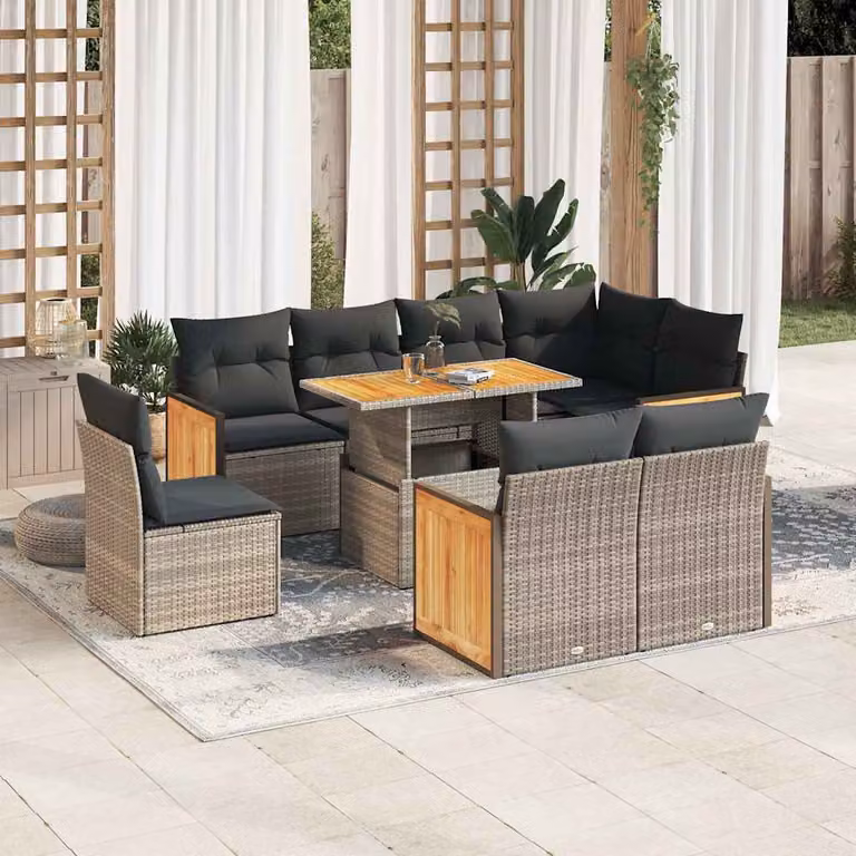 Set Divano da Giardino vidaXL 9pz a Forma di L in Polyrattan e Legno di Acacia con Cuscini Grigio