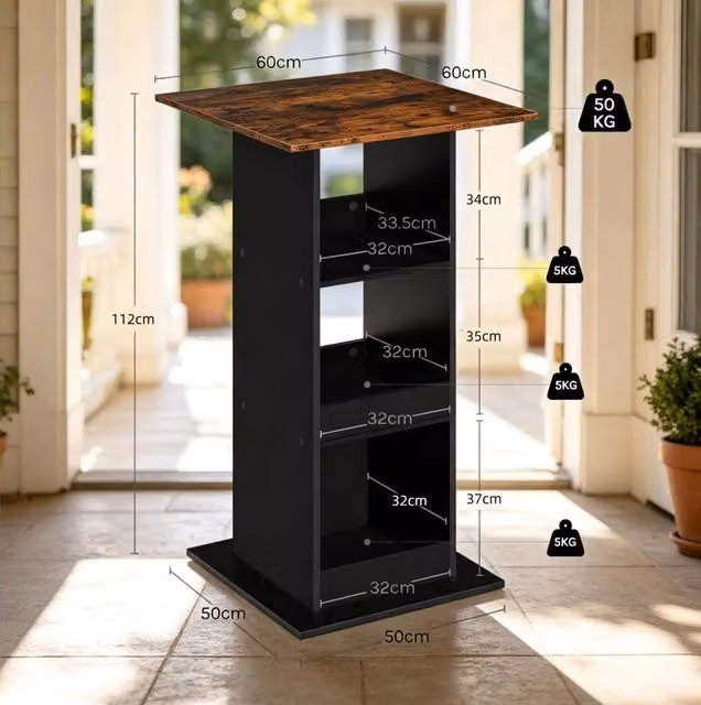 Tavolo alto quadrato 2 in 1 con scaffali, 60x60 cm, colore nero e marrone rustico