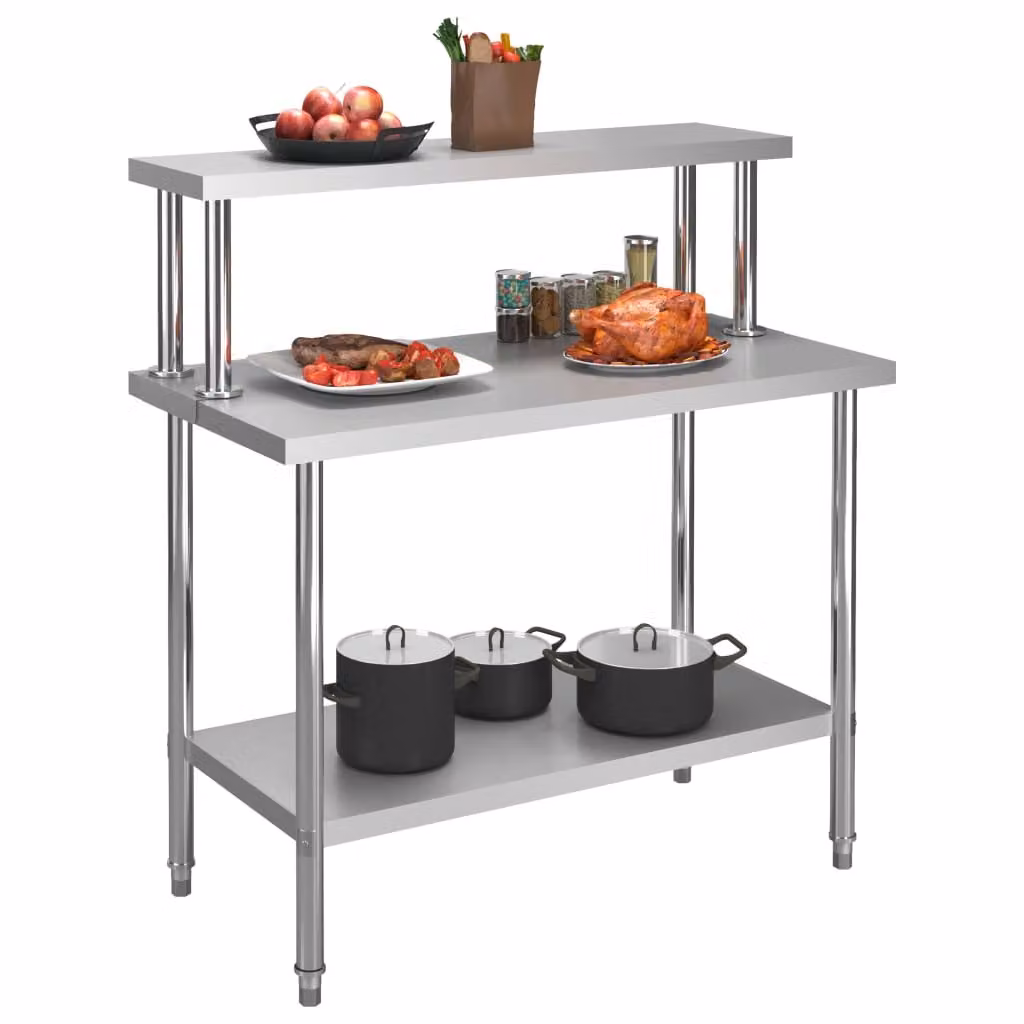 Piano di lavoro per cucina con ripiano superiore 120×60×120 cm in acciaio inox