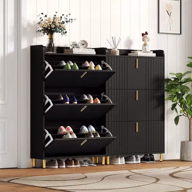 Set 2 Scarpiera Salvaspazio ¨C Minimal ¨C Nero legno multistrato 80x23,5x123,5 cm, 3 ante 6 scomparti per ingresso