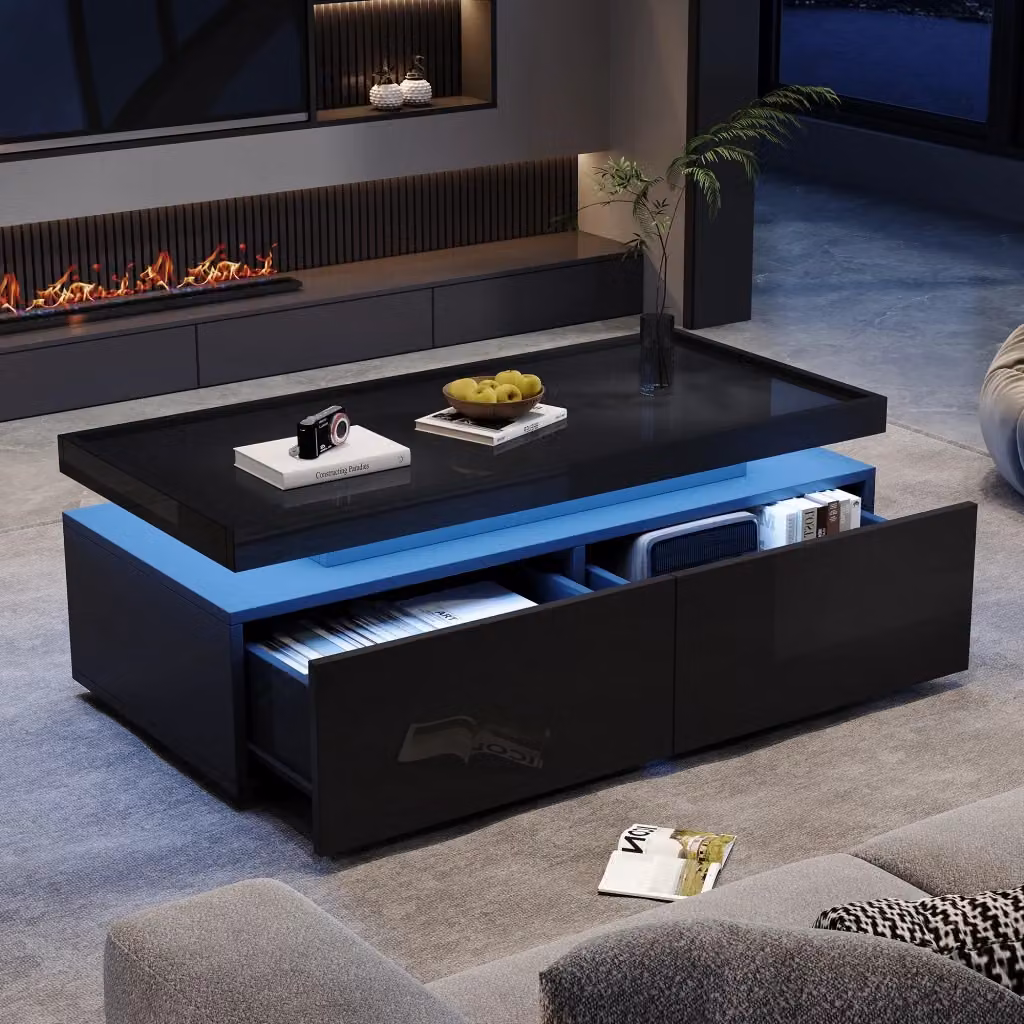 Tavolino basso Mivray nero con LED controllato via app, 2 cassetti e ripiano semiaperto, L 95 cm x P 45 cm x H 35 cm – 2