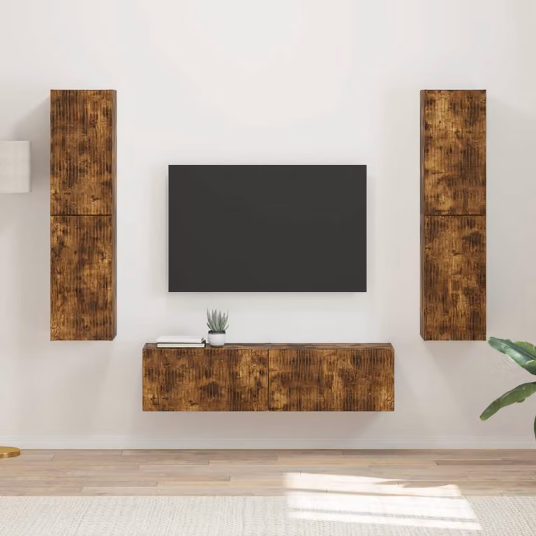 Set mobile TV moderno vidaXL in legno composito color rovere fumé con illuminazione integrata per soggiorno o ufficio