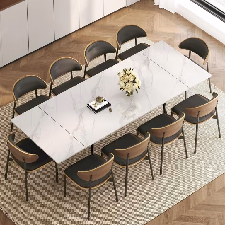 Tavolo da pranzo estendibile con struttura in metallo, disponibile con da 4 a 10 sedie, piano del tavolo in pietra sinterizzata, dimensioni da 160 a 240 cm