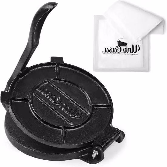Pressa per tortilla Uno Casa in ghisa nera con carta da forno, diametro: 20 cm