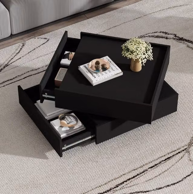 Tavolino da caffè MODFU nero con piano girevole a 360 gradi, 2 cassetti e 2 ripiani, L/P/H: 60 x 60 x 38 cm