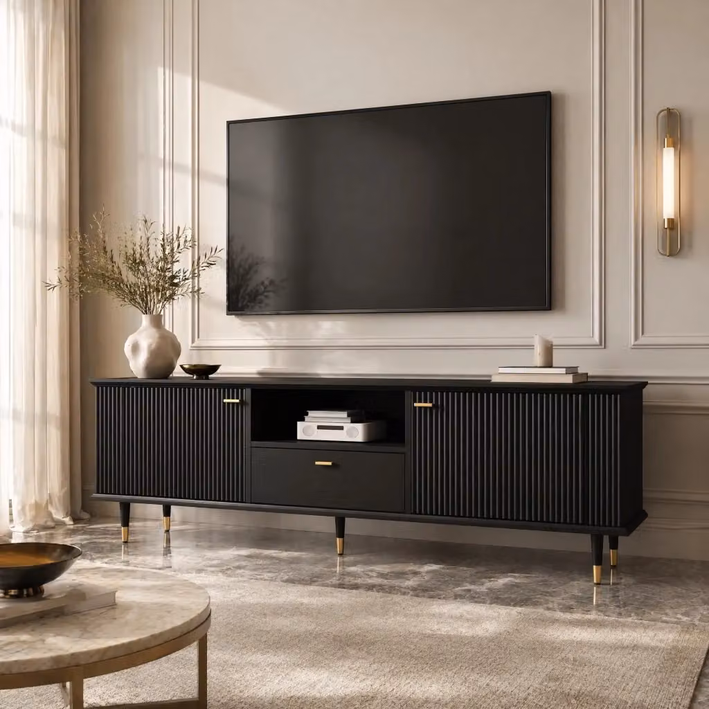 Mobile TV moderno MODFU in MDF nero laccato con dettagli oro per soggiorno L: 170 cm, P: 36 cm, H: 54 cm – 2