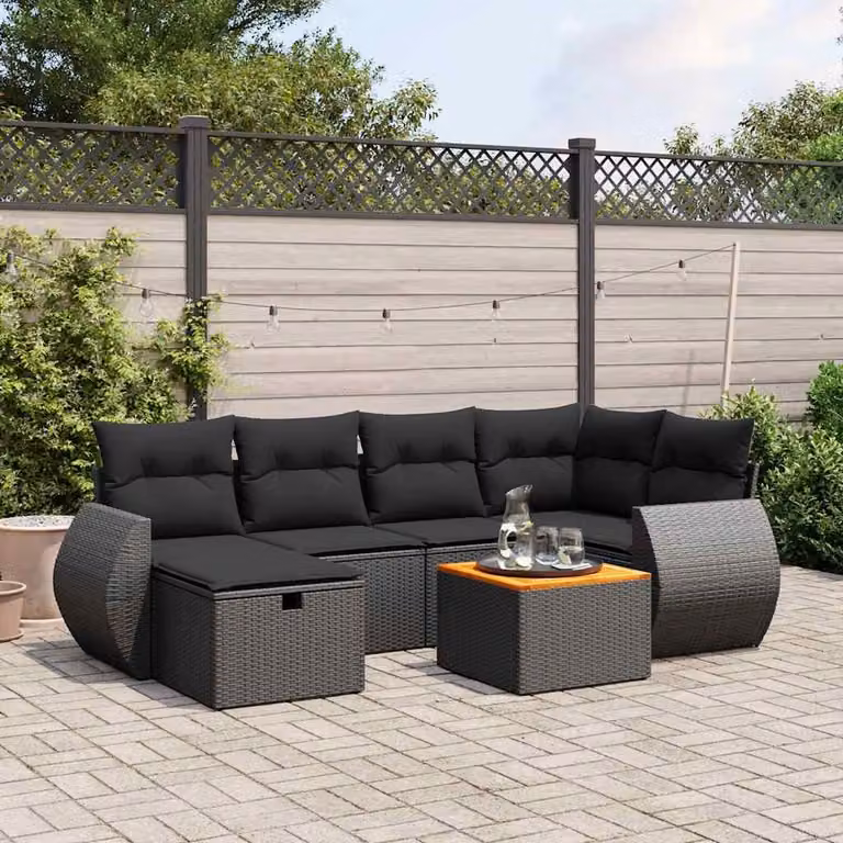vidaXL Set Divani da Giardino a L con Cuscini 7pz Nero in Polyrattan e Acciaio