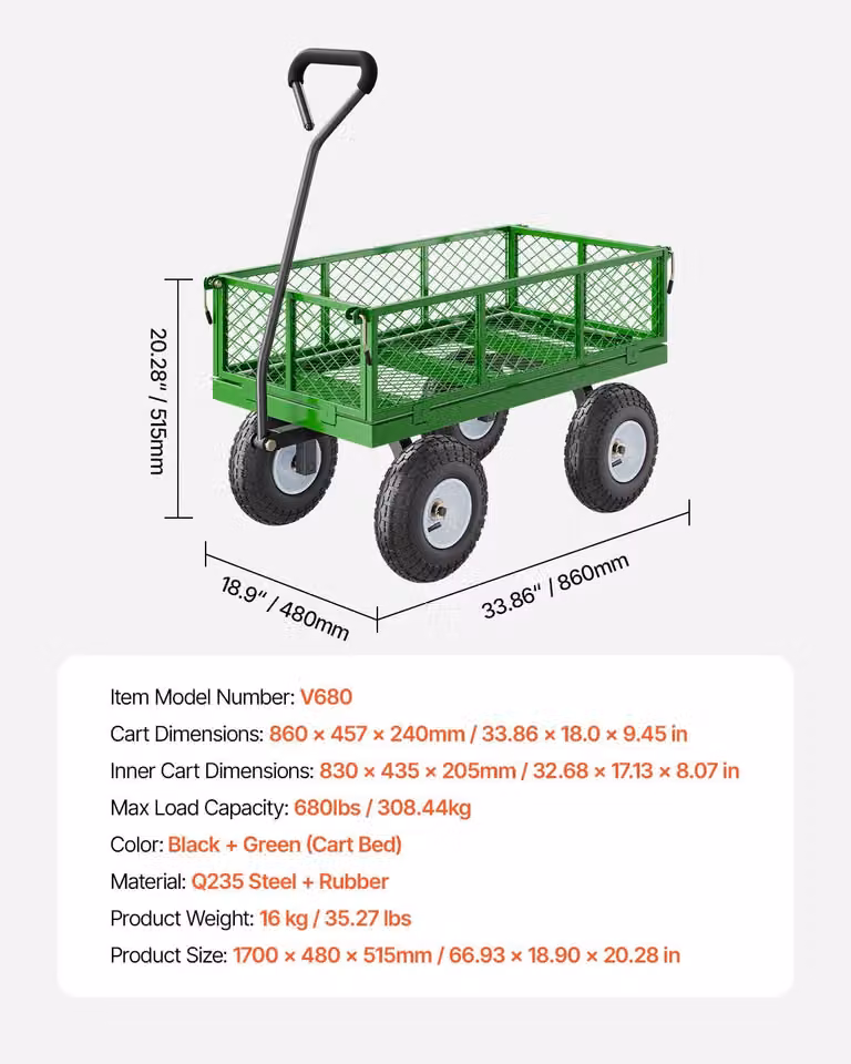 Carrello da giardino - Carrello per il giardino - Robusto - Capacità di carico: 680 lb - Design 2-in-1: piano di carico e struttura a sponde