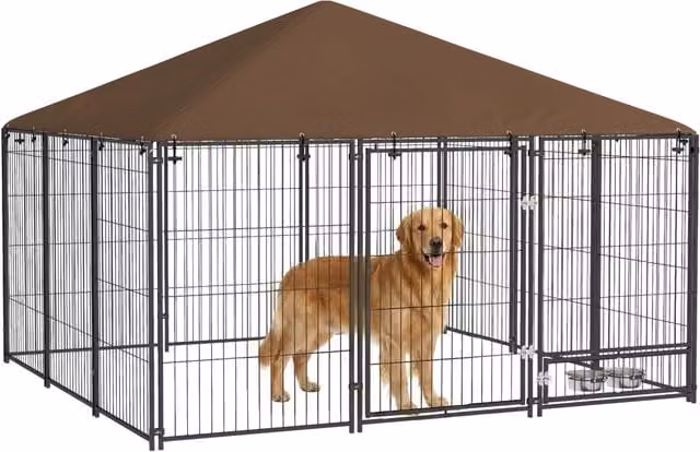 Recinto per Cani in Metallo e Tessuto Oxford con Porticina per Ciotole, 211x211x151 cm, Nero e Marrone