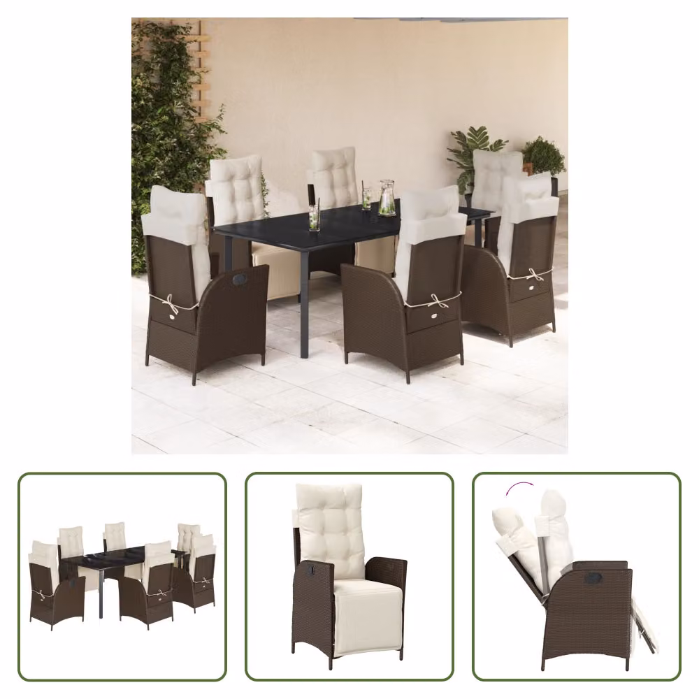 The Living Store Set da pranzo da giardino 7 pezzi con cuscini in polirattan marrone