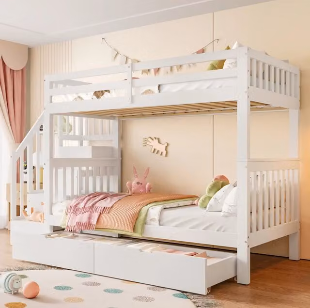 Letto a castello 90x200 cm con scala contenitore; 2 cassetti; sponde alte; bianco
