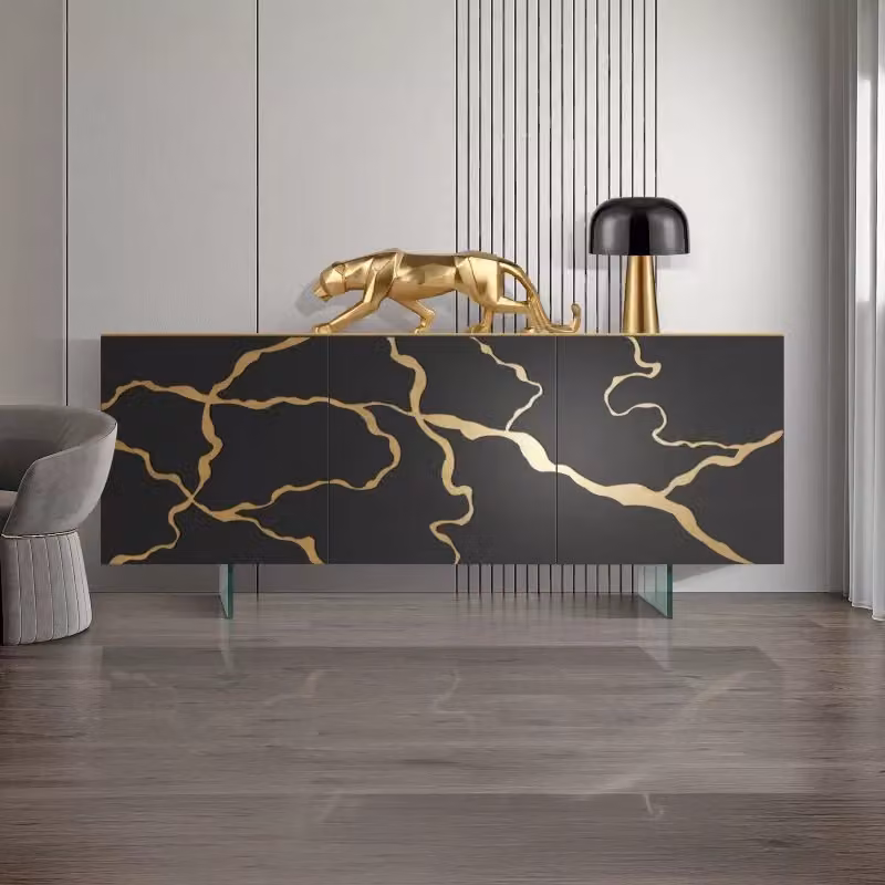 Madia contemporanea Mobili 2G con 3 ante in legno grigio e oro e gambe in vetro L: 189 cm, P: 48 cm, H: 78 cm – 1