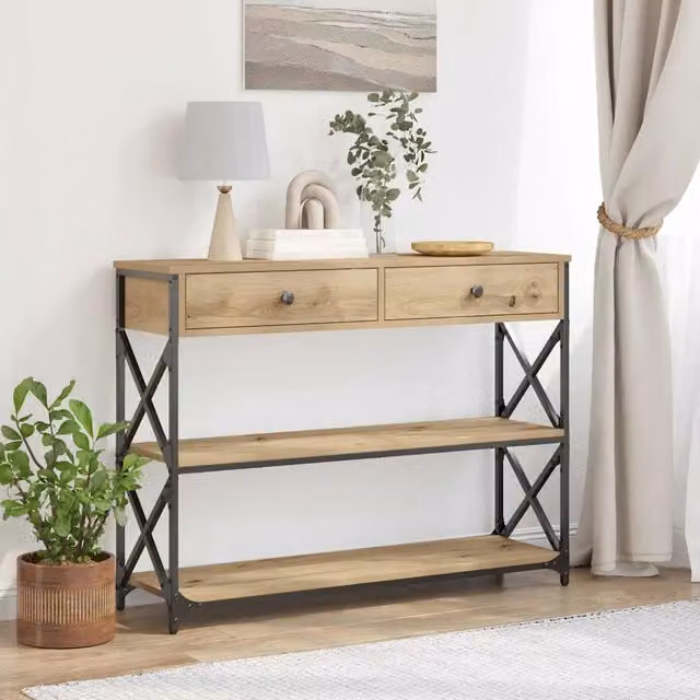 Tavolo Consolle in Legno di Rovere e Metallo Stile Rustico vidaXL L/P/H: 100 x 28 x 75 cm