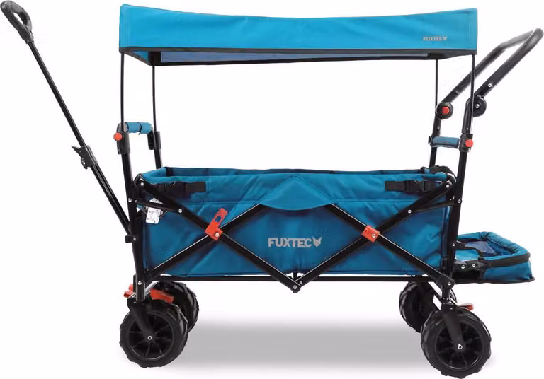Carrello da spiaggia pieghevole FUXTEC FX-CTB800 BLU con tettuccio parasole protetto dai raggi UV, maniglia di spinta e prolungamento interno Türkis
