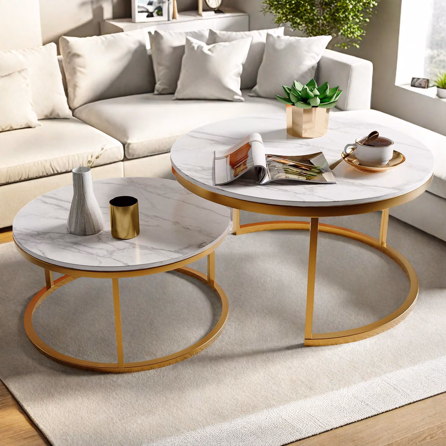 Tavolino Fortuna Lai in look marmo (set, 2 pezzi), 2 in 1, Ø 80 x 45/Ø 60 x 33 cm, struttura in metallo