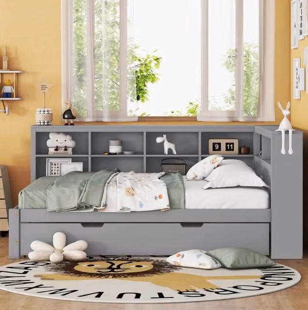 Letto matrimoniale multifunzione 140x200 cm con letto estraibile 90x190 cm e presa USB; grigio