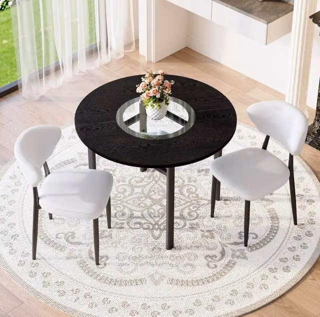 Set tavolo rotondo Ø100 cm con sedie; MDF effetto legno nero; vetro e PU bianco