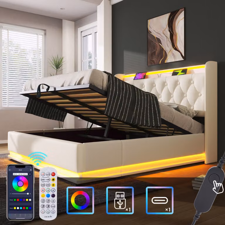 Letto imbottito STILVORA 160×200 cm con contenitore e funzione LED a 360° (pulsante/app/telecomando), letto per ragazzi con testiera imbottita e funzione di ricarica USB Type-C, beige (senza materasso)