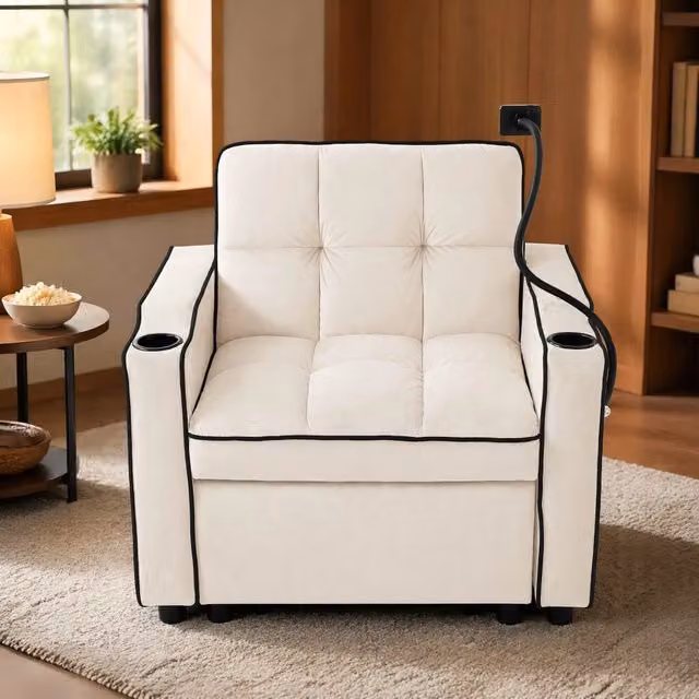 Divano letto singolo 3 in 1 83x167x76 cm beige in velluto con schienale reclinabile HOMVRA