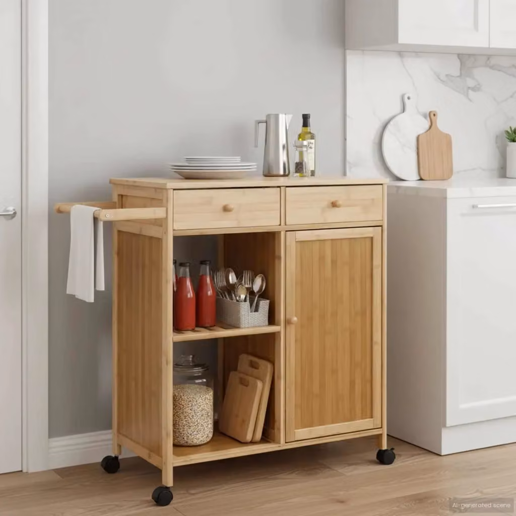 Carrello da cucina moderno in bambù beige con ruote L/P/H: 90,5 x 36 x 86,5 cm – 2