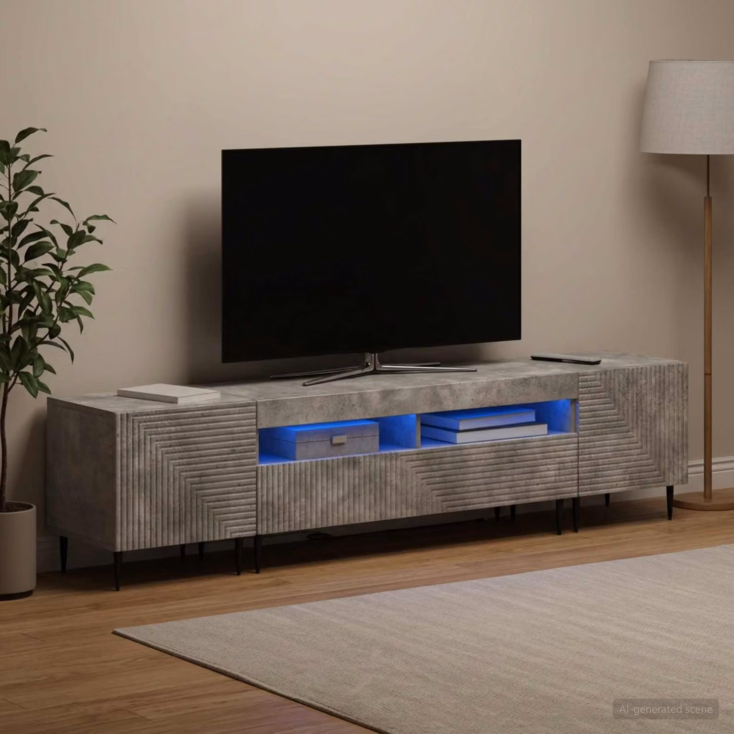 Mobile TV stand vidaXL moderno in 3 pezzi con illuminazione LED integrata, colore grigio cemento e legno ingegnerizzato