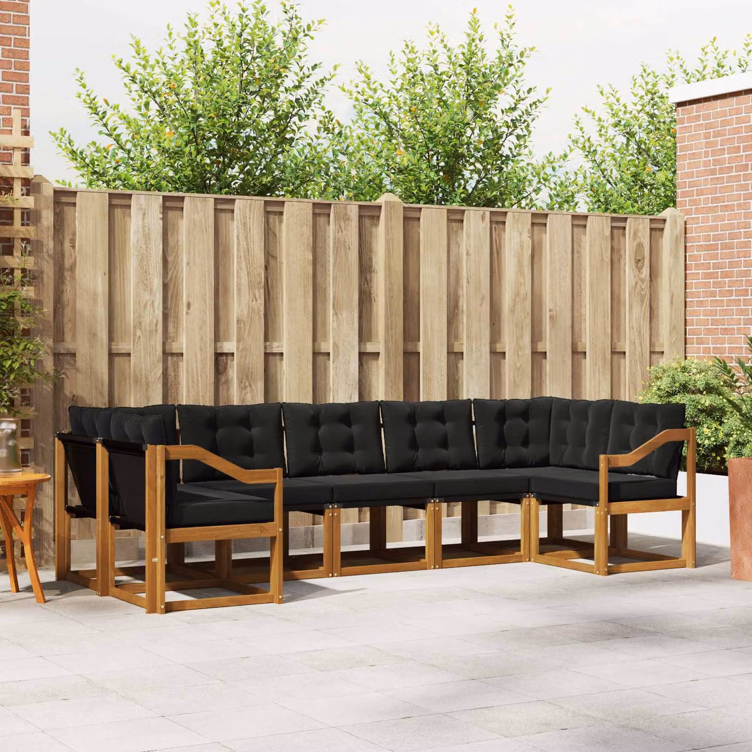 Set di divani da esterno vidaXL 7 pz in legno di acacia e textilene, forma a L, colore marrone e nero