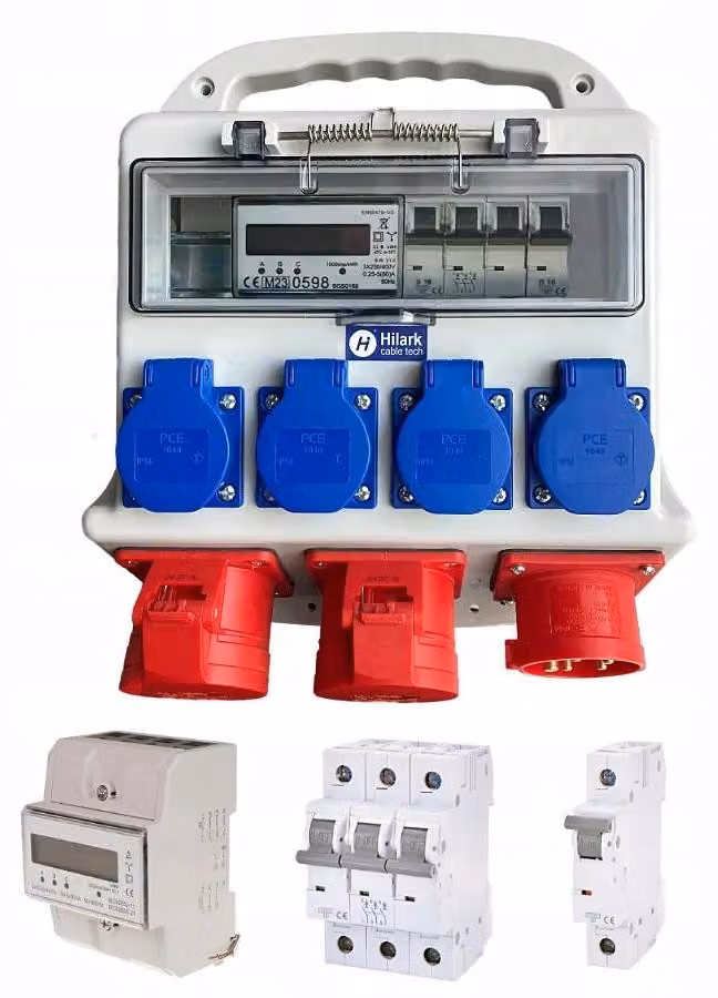Distributore di corrente per cantiere con interruttore di sicurezza B16 trifase e monofase, contatore di energia trifase, prese da 16A, 32A, 4x230V