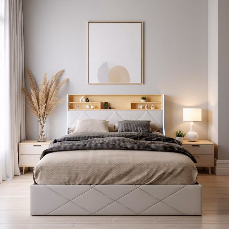 Letto idraulico ProximaX 160×200 cm, bianco, in Finto cuoio, testata con porta USB e vano portaoggetti, ampia base letto, strisce luminose a LED su entrambi i lati