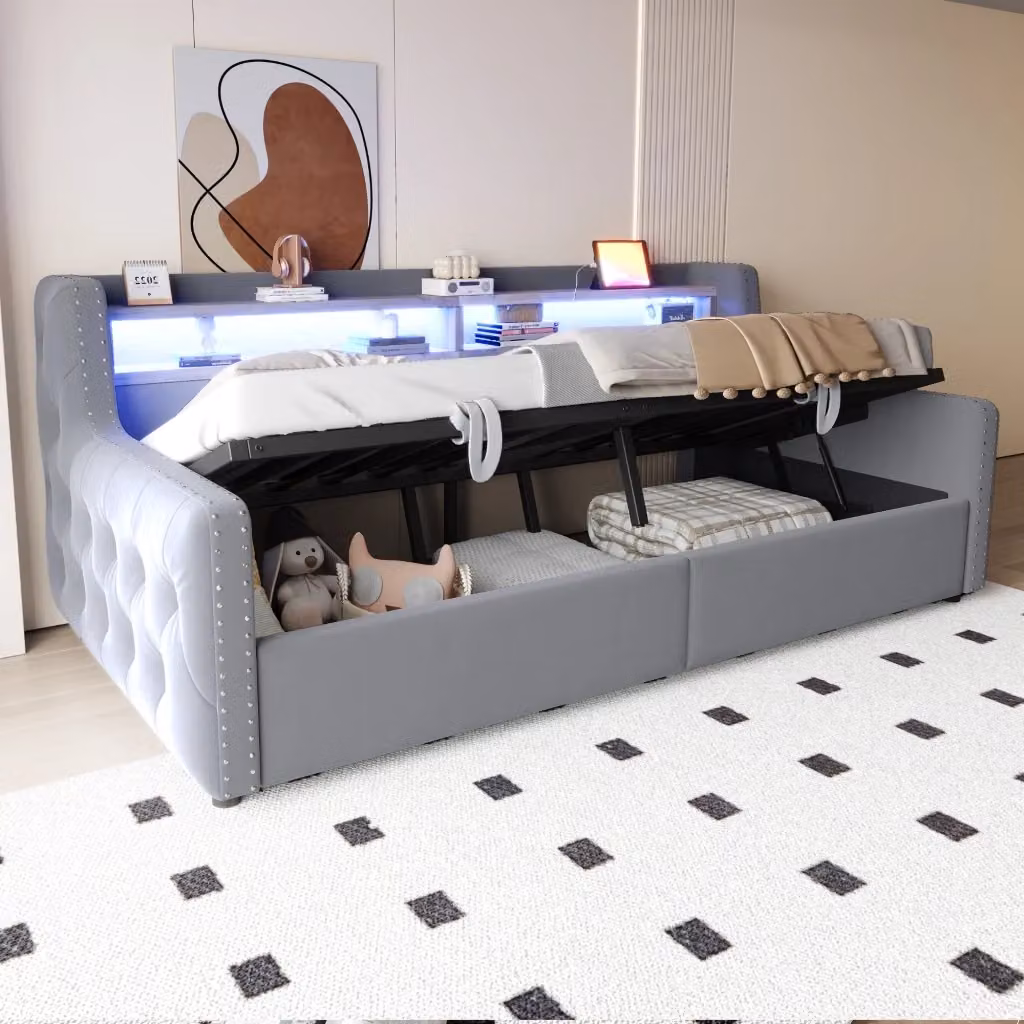 Divano letto REDOM in velluto grigio con vano contenitore, illuminazione LED e ricarica USB, L/P/H: 90 x 200 cm – 2