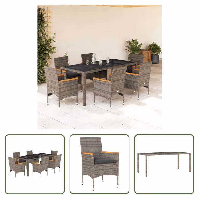 The Living Store Set da pranzo da giardino 7 pezzi con cuscini in poly rattan grigio e vetro
