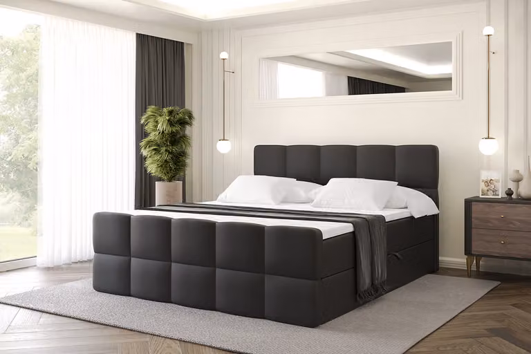 Letto boxspring ALTDECOR con materasso e rete a doghe, topper, letto imbottito con contenitore, letto con spazio contenitivo e materasso H3, letto matrimoniale, letto a cassettoni - LIRO-Z - 200x200 - Ecopelle nera