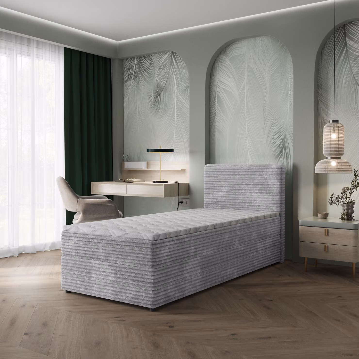 Letto boxspring Masseno PISA 80, 80x200 cm, set completo con materasso Bonell e topper, letto imbottito con cassetti - Grigio chiaro, TILIA 86